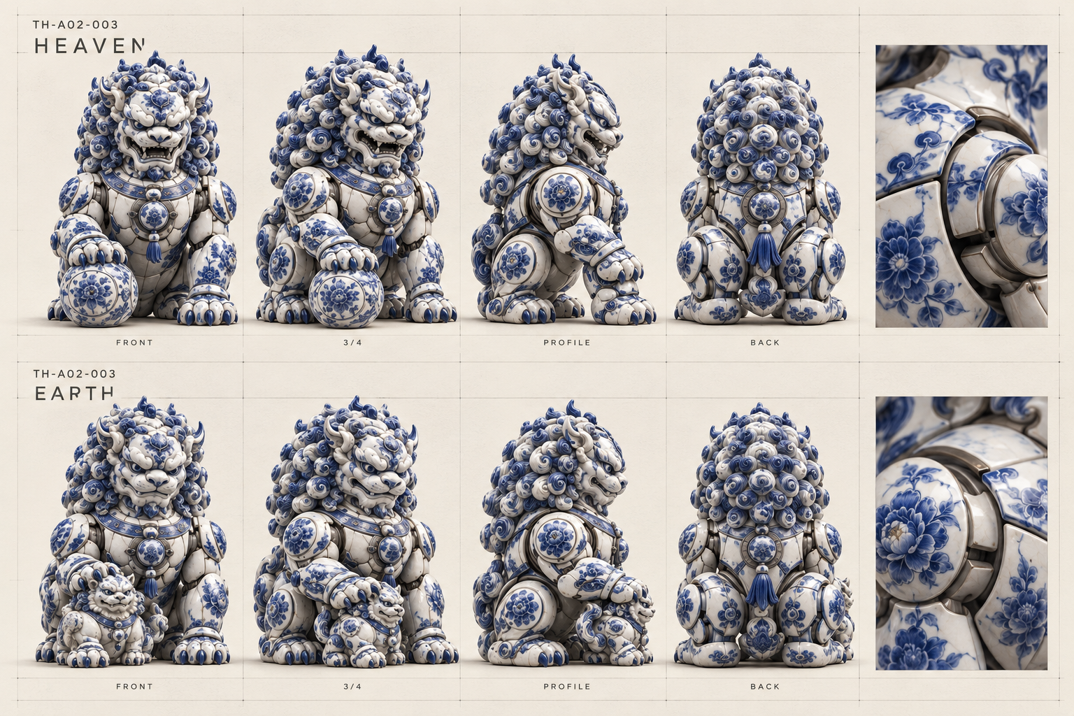 Turnaround conceptual de Heaven y Earth, la pareja escultórica de Leones de Fu mecha