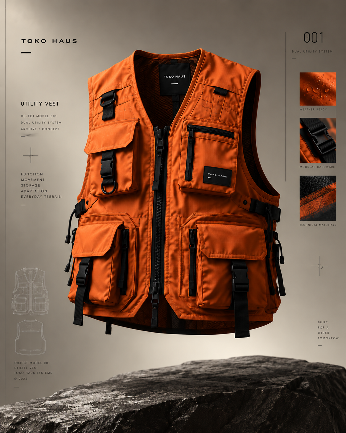 Lámina conceptual editorial del Utility Vest naranja de Training System 001